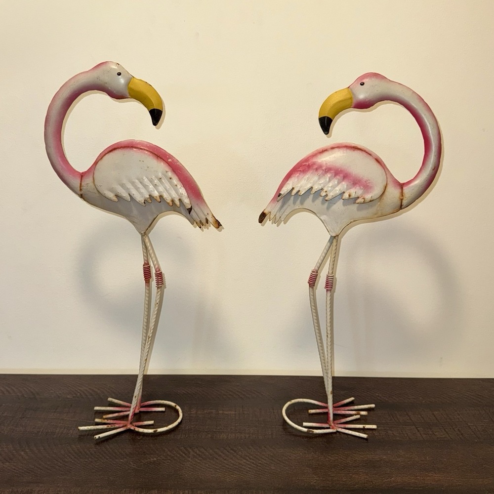 Pair Metal Flamingo Yard Art Hand Painted Garden Decor 19" Pink